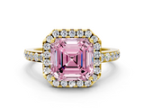 Yellow gold Fancy Pink Asscher  Halo Diamond Pavé Band Ring with Prong Setting