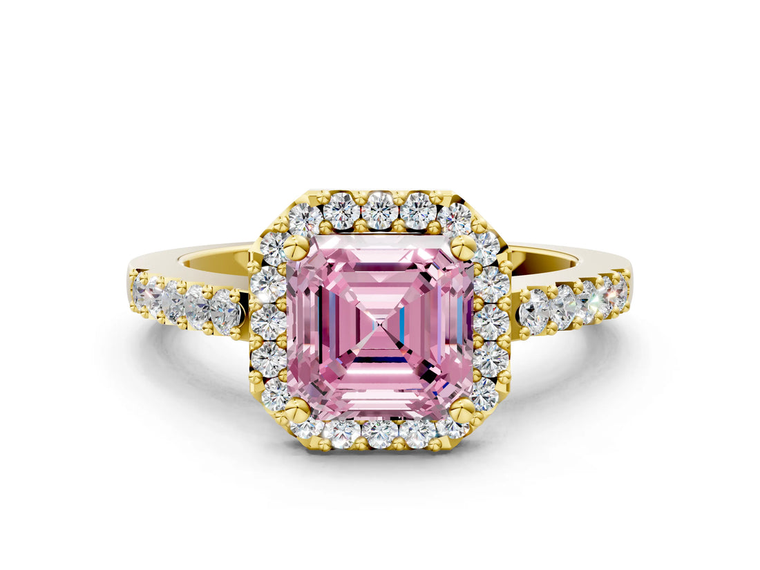 Yellow gold Fancy Pink Asscher  Halo Diamond Pavé Solitaire Ring_57