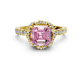 Yellow gold Fancy Pink Asscher  Halo Diamond Pave Band Ring with Four-Prong Setting_15