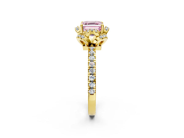 Yellow Gold Asscher Cut Petal Cutout Halo Engagement Ring Setting for Fancy Pink Center