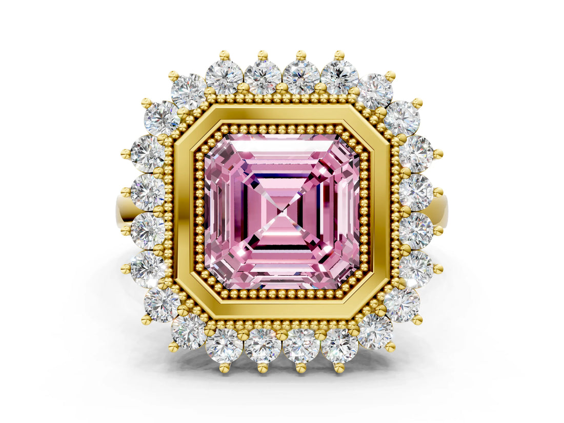 Yellow gold Fancy Pink Asscher  Halo Diamond Ring with Milgrain Edge and Round Prong Setting_77
