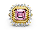 Yellow gold Fancy Pink Asscher  Halo Diamond Ring with Milgrain Edge and Round Prong Setting_77