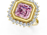 Yellow gold Fancy Pink Asscher  Halo Diamond Ring with Milgrain Edge and Round Prong Setting_78