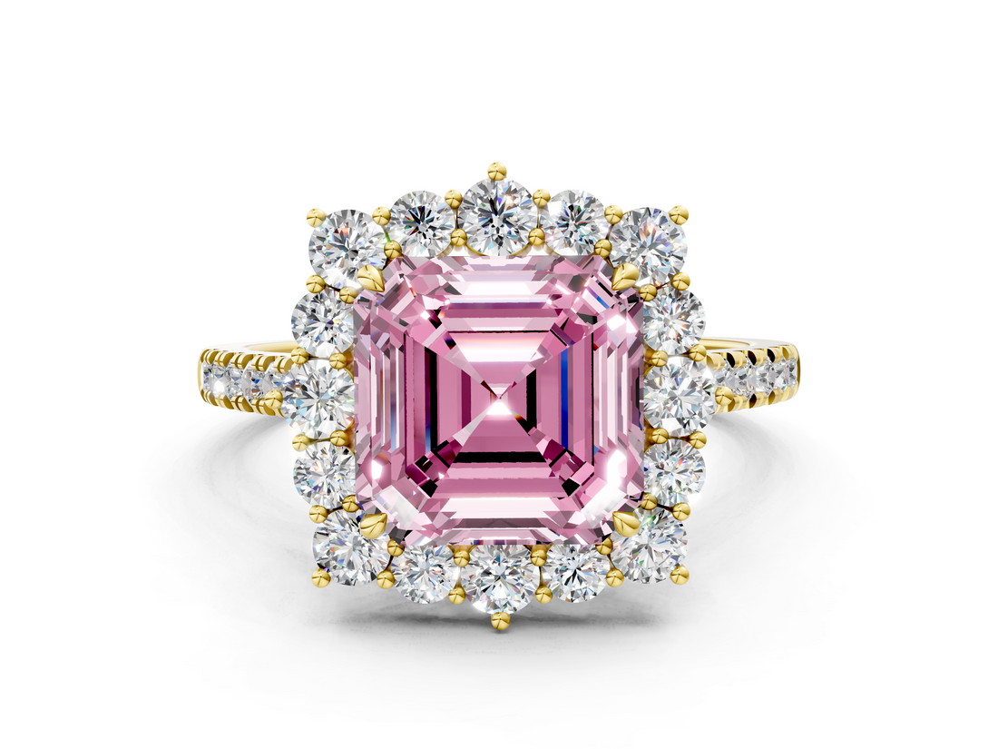Yellow gold Fancy Pink Asscher  Halo Diamond Ring with Pavé Band and Prong Setting_17