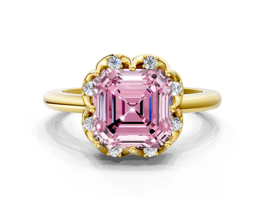Yellow gold Fancy Pink Asscher  Halo Diamond Ring with Round Cluster Setting, Solitaire Band, and Four-Prong Setting_29