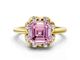 Yellow gold Fancy Pink Asscher  Halo Diamond Ring with Round Cluster Setting, Solitaire Band, and Four-Prong Setting_29