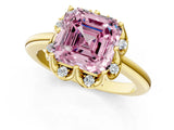 Yellow gold Fancy Pink Asscher  Halo Diamond Ring with Round Cluster Setting, Solitaire Band, and Four-Prong Setting_30