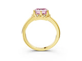 Yellow gold Fancy Pink Asscher  Halo Diamond Ring with Round Cluster Setting, Solitaire Band, and Four-Prong Setting_32