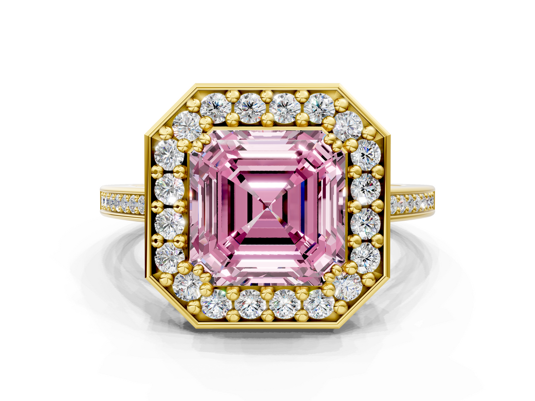 Yellow gold Fancy Pink Asscher  Halo Diamond Ring with Split Shank and Four-Prong Setting