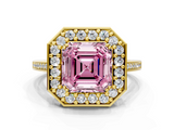 Yellow gold Fancy Pink Asscher  Halo Diamond Ring with Split Shank and Four-Prong Setting