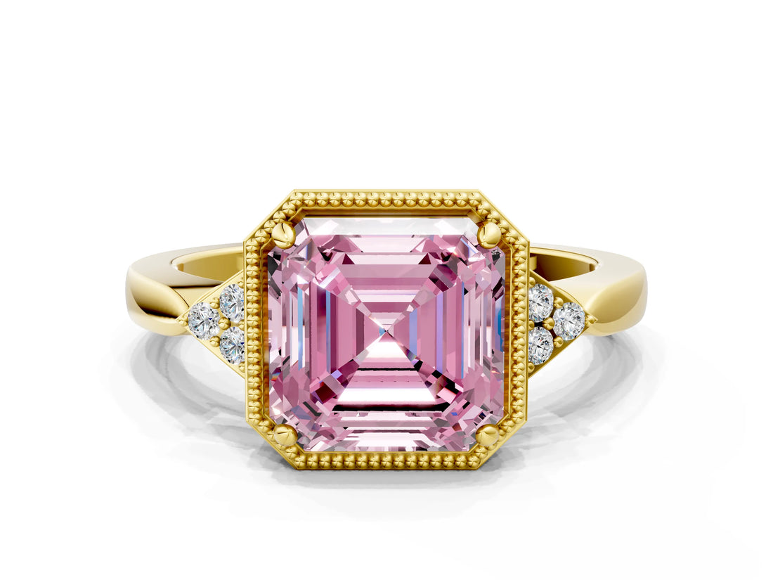 Yellow gold Fancy Pink Asscher  Halo Diamond Ring with Tapered Band and Four-Prong Setting_7