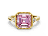 Yellow gold Fancy Pink Asscher  Halo Diamond Ring with Tapered Band and Four-Prong Setting_7
