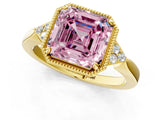 Yellow gold Fancy Pink Asscher  Halo Diamond Ring with Tapered Band and Four-Prong Setting_8