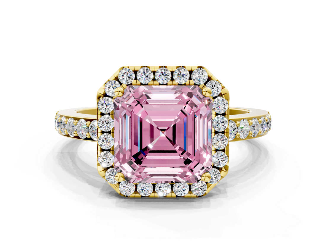 Yellow gold Fancy Pink Asscher  Halo Diamond Solitaire with Pavé Band and Four-Prong Setting_28