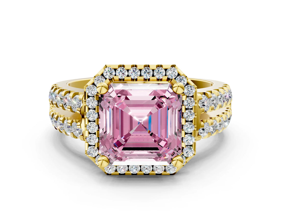 Yellow gold Fancy Pink Asscher  Halo Diamond Split Shank Engagement Ring with Prong Setting_93