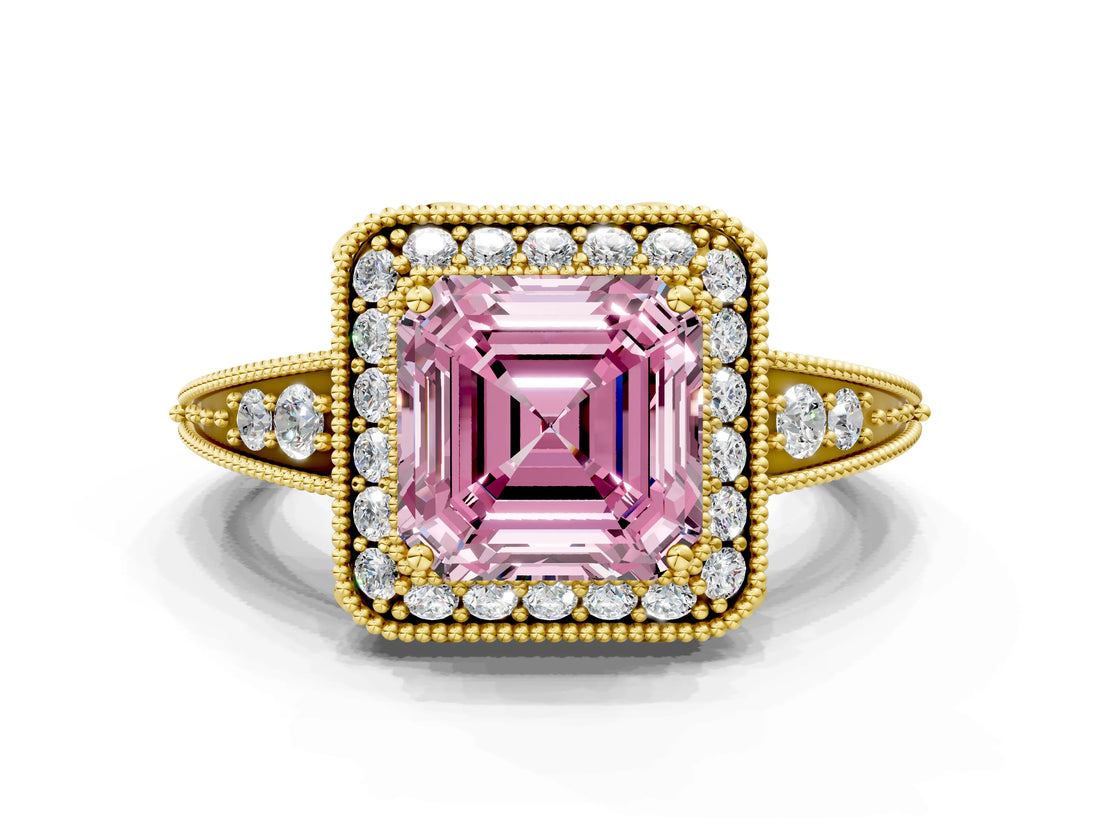 Yellow gold Fancy Pink Asscher  Halo Diamond Split Shank Ring with Milgrain Detail_29