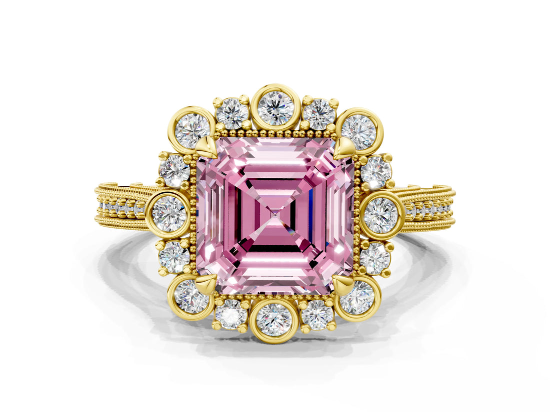 Yellow gold Fancy Pink Asscher  Halo Milgrain Pave Diamond Ring with Four-Prong Setting 1