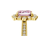 Yellow gold Fancy Pink Asscher  Halo Milgrain Pave Diamond Ring with Four-Prong Setting