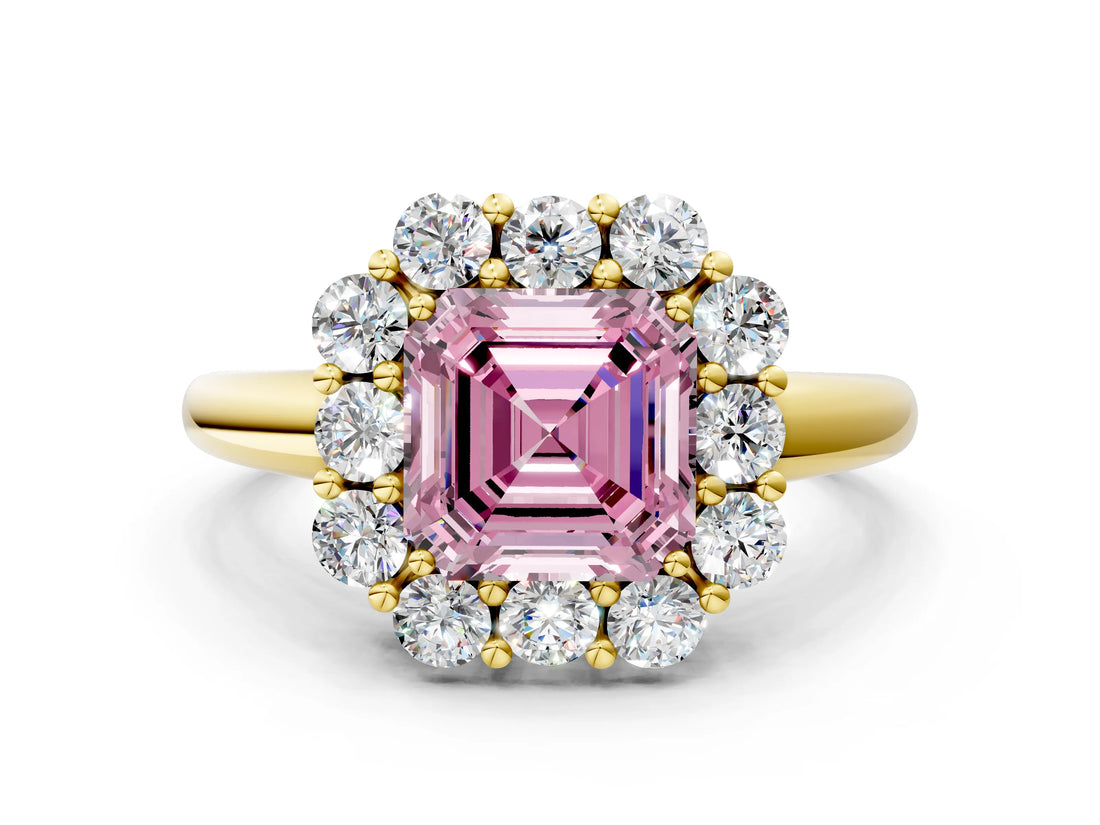 Yellow gold Fancy Pink Asscher  Halo Milgrain Solitaire with Bezel Set Side Stones and Pave Band_32