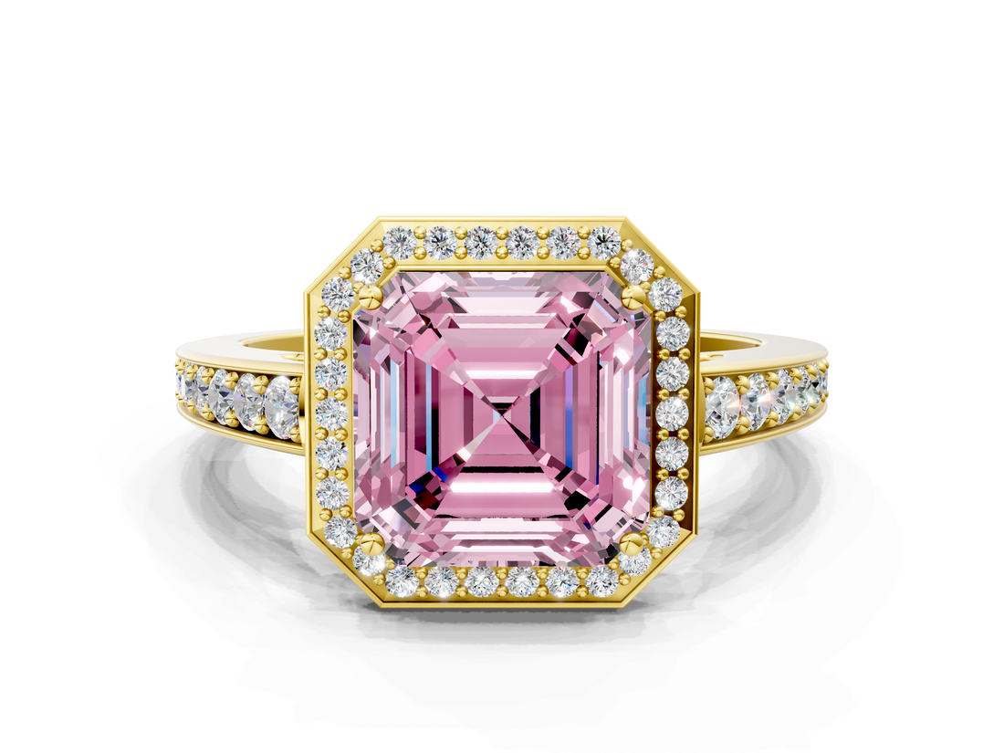 Yellow gold Fancy Pink Asscher  Halo Pavé Diamond Engagement Ring with Bezel Setting