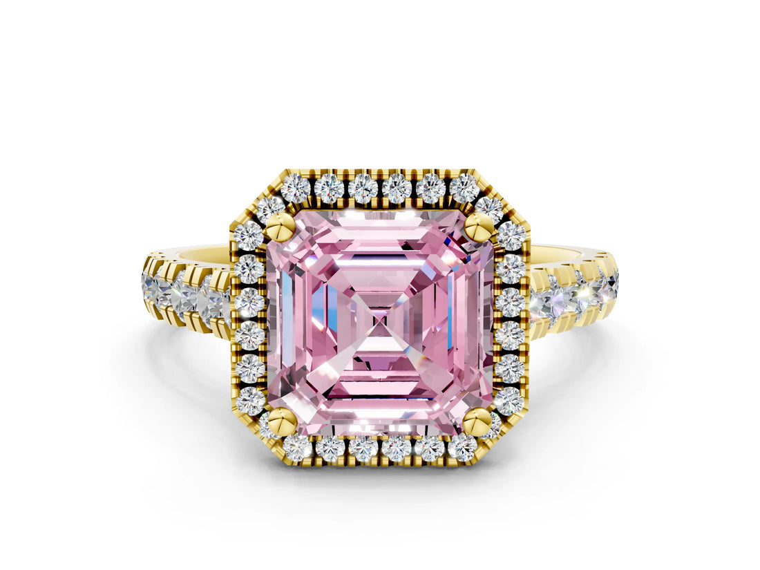 Yellow gold Fancy Pink Asscher  Halo Pavé Diamond Engagement Ring with Four-Prong Setting_26