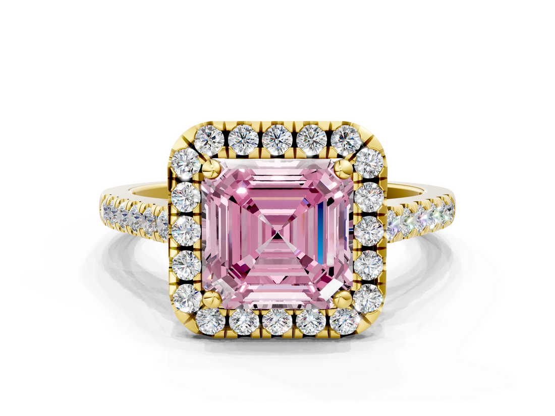 Yellow gold Fancy Pink Asscher  Halo Pavé Diamond Engagement Ring with Four-Prong Setting_3