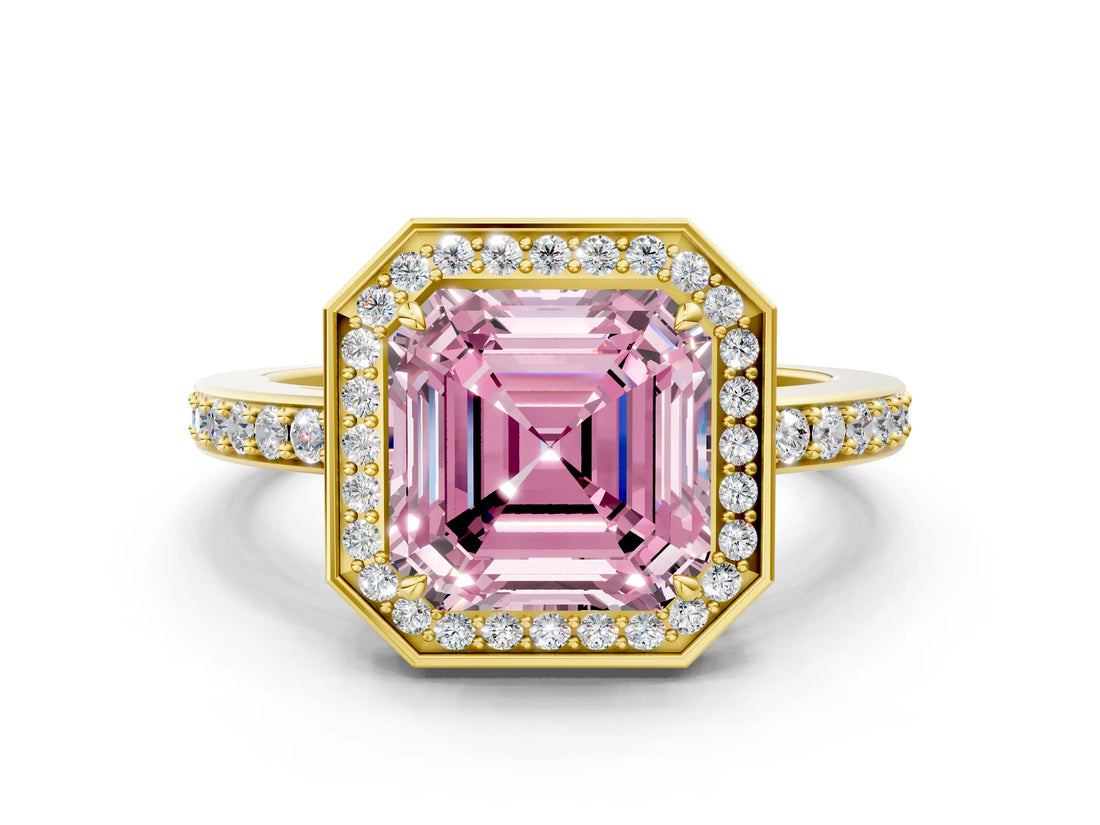 Yellow gold Fancy Pink Asscher  Halo Pave Band Solitaire Ring with Prong Setting_47