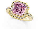 Yellow gold Fancy Pink Asscher  Halo Pave Band Solitaire Ring with Prong Setting_48