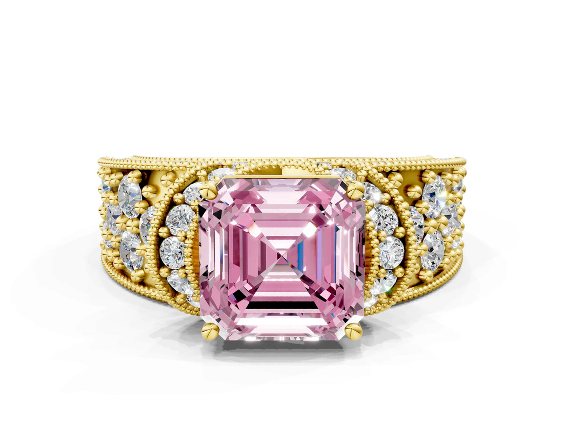 Yellow gold Fancy Pink Asscher  Halo Pave Diamond Engagement Ring with Milgrain Detailing_47