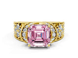 Yellow gold Fancy Pink Asscher  Halo Pave Diamond Engagement Ring with Milgrain Detailing_47