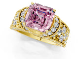 Yellow gold Fancy Pink Asscher  Halo Pave Diamond Engagement Ring with Milgrain Detailing_48