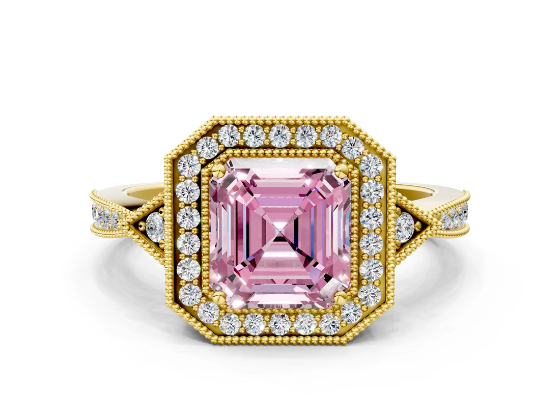 Yellow gold Fancy Pink Asscher  Halo Round Diamond Milgrain Pave Engagement Ring_3
