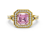 Yellow gold Fancy Pink Asscher  Halo Round Diamond Milgrain Pave Engagement Ring_3