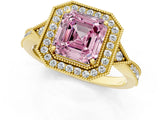 Yellow gold Fancy Pink Asscher  Halo Round Diamond Milgrain Pave Engagement Ring_4