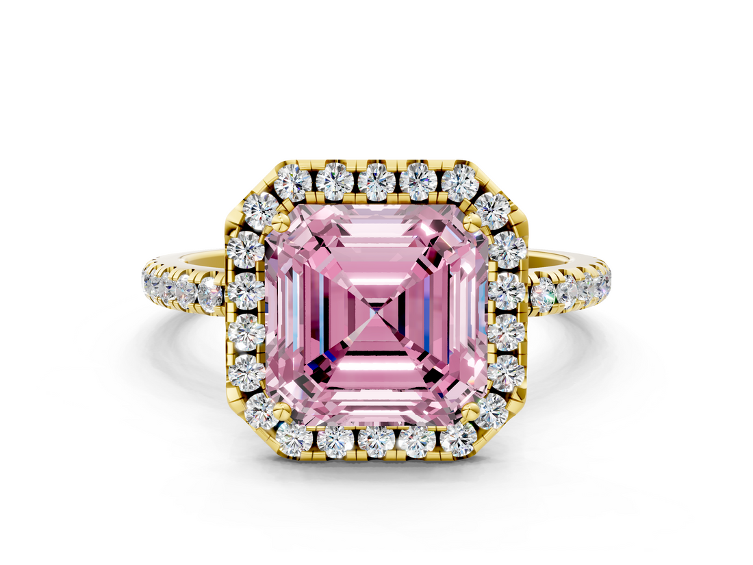 Yellow gold Fancy Pink Asscher  Halo Round Diamond Pavé Band Four-Prong Ring_3