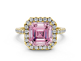 Yellow gold Fancy Pink Asscher  Halo Round Diamond Pavé Band Four-Prong Ring_3