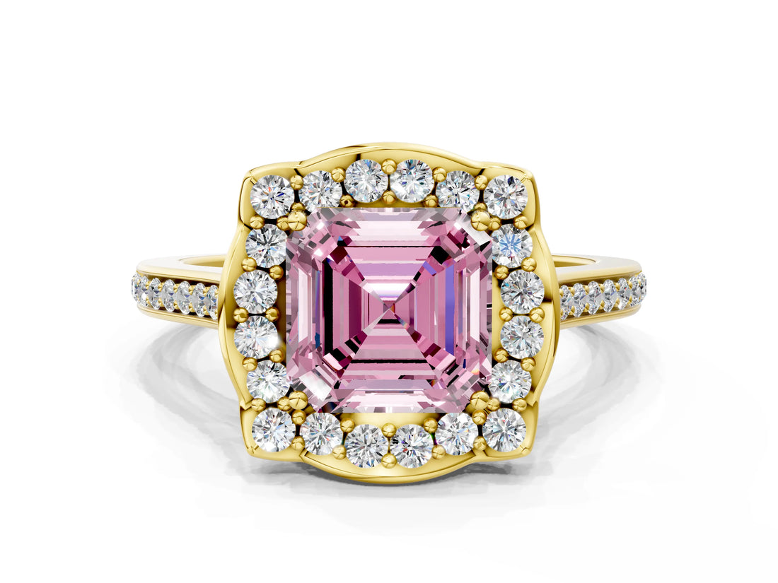Yellow gold Fancy Pink Asscher  Halo Round Diamond Pave Band with Four-Prong Setting_57