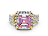 Yellow gold Fancy Pink Asscher  Halo Round Diamond Pave Band with Prong Setting 1
