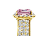 Yellow gold Fancy Pink Asscher  Halo Round Diamond Pave Band with Prong Setting