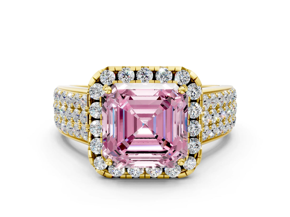 Yellow gold Fancy Pink Asscher  Halo Round Diamond Pave Band with Prong Setting_12