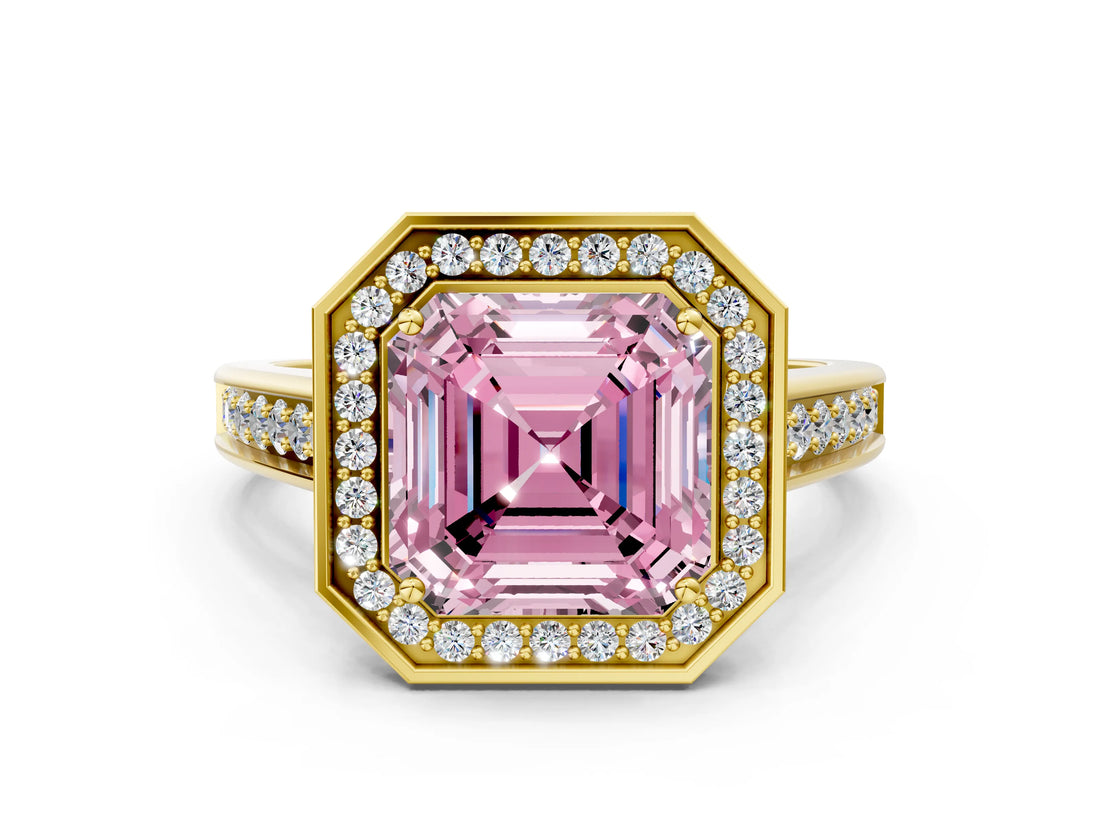 Yellow gold Fancy Pink Asscher  Halo Solitaire Diamond Ring with Pave Band and Bezel Setting_45