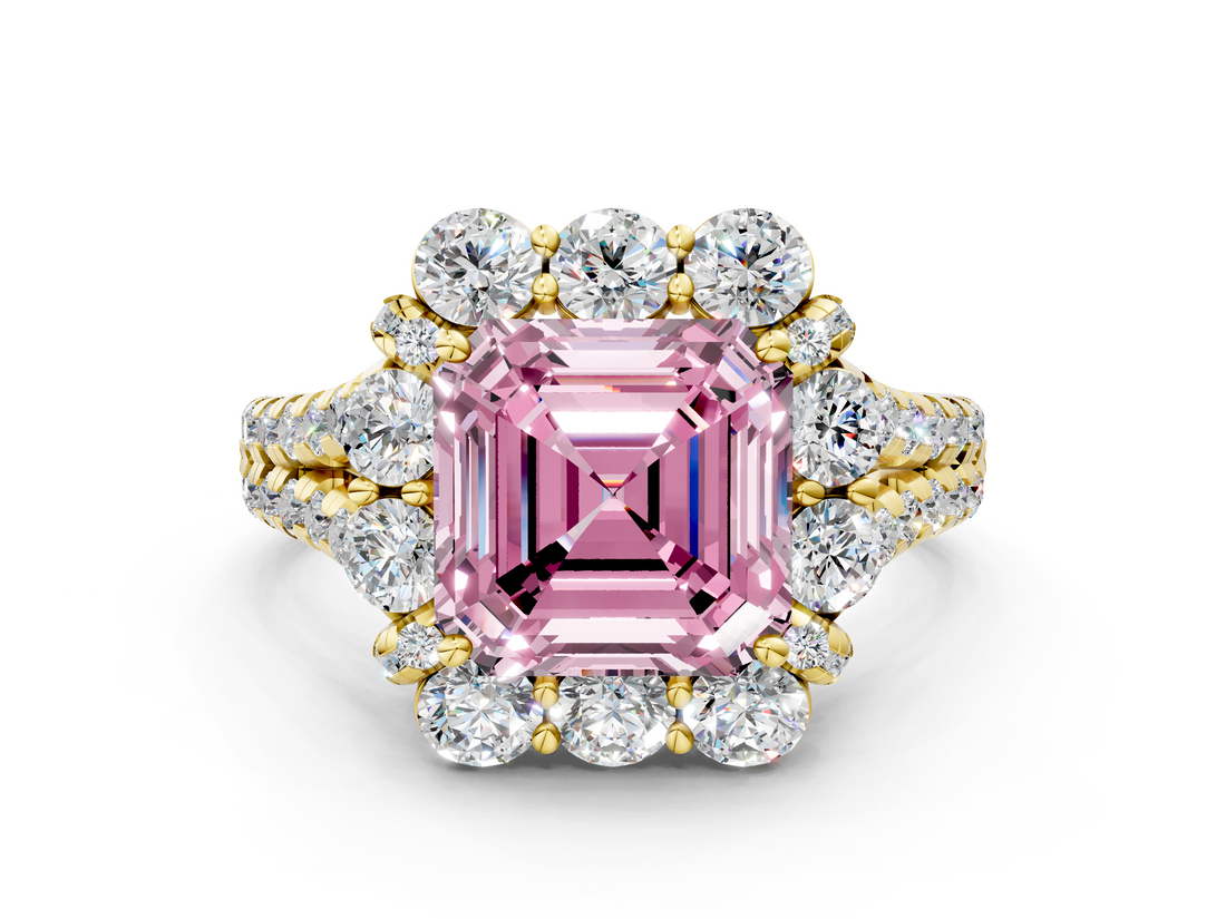 Yellow gold Fancy Pink Asscher  Halo Split Shank Diamond Engagement Ring with Pave Band and Four-Prong Setting_18
