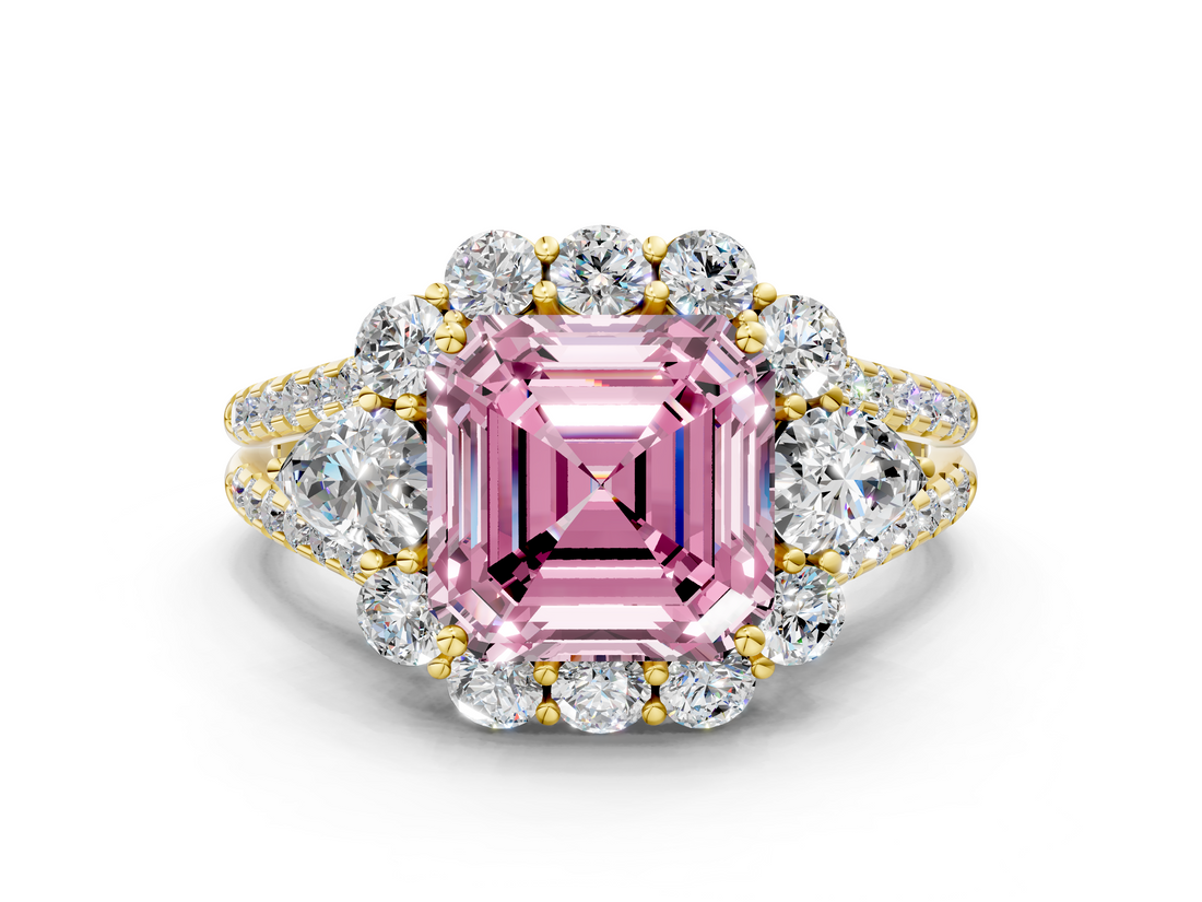 Yellow gold Fancy Pink Asscher  Halo Split Shank Diamond Engagement Ring with Prong Setting_17