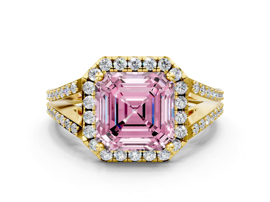 Yellow gold Fancy Pink Asscher  Halo Split Shank Diamond Ring with Prong Setting