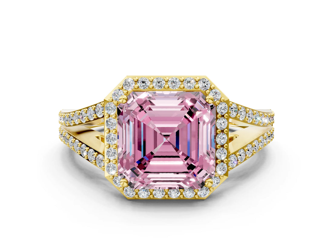 Yellow gold Fancy Pink Asscher  Halo Split Shank Pave Diamond Ring with Four-Prong Setting_47