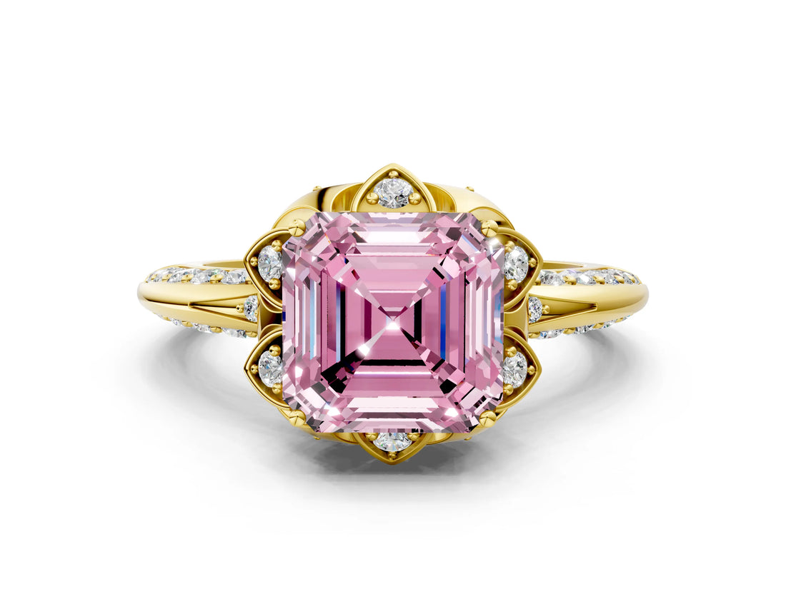 Yellow gold Fancy Pink Asscher  Halo Split Shank Pave Diamond Ring with Petal Prong Setting_20