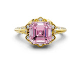 Yellow gold Fancy Pink Asscher  Halo Split Shank Pave Diamond Ring with Petal Prong Setting_20