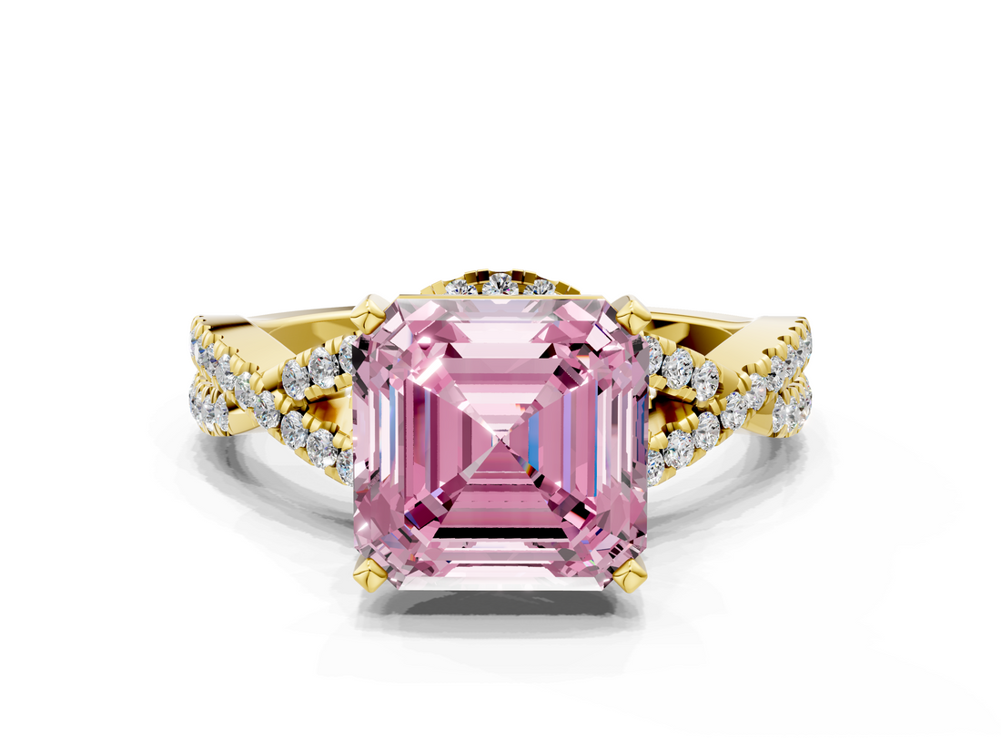 Yellow gold Fancy Pink Asscher  Halo Twist Band Solitaire Prong Setting Ring