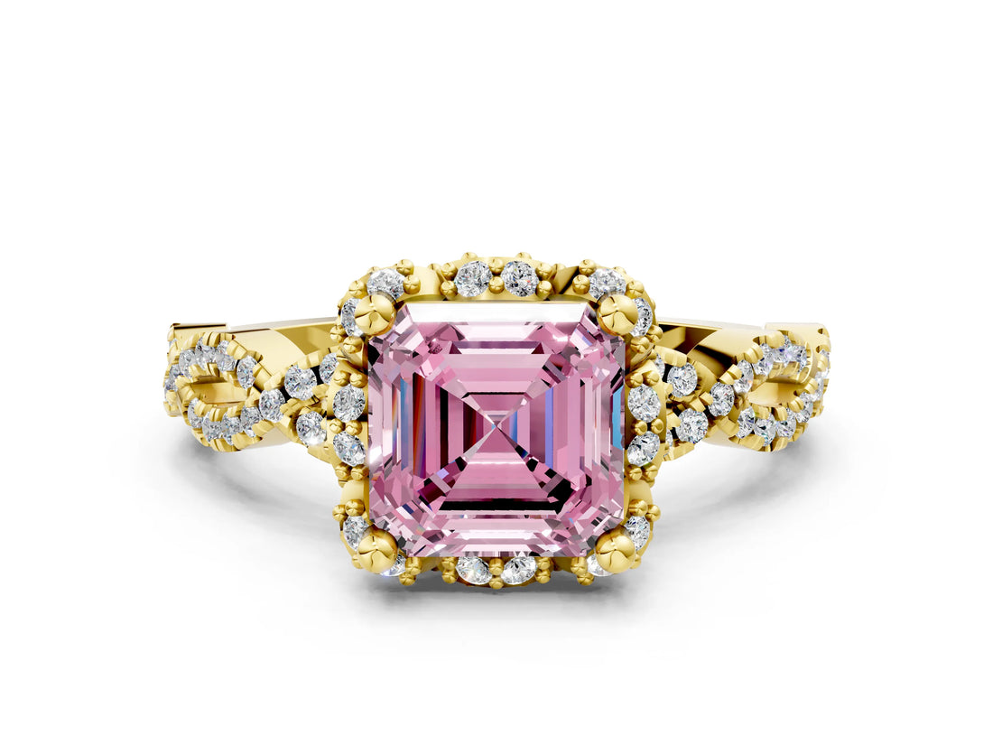 Yellow gold Fancy Pink Asscher  Halo Twist Band Solitaire Ring with Six-Prong Setting_33