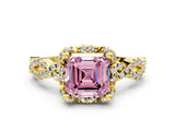 Yellow gold Fancy Pink Asscher  Halo Twist Band Solitaire Ring with Six-Prong Setting_33